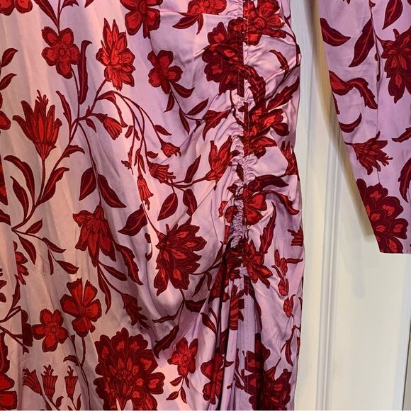 ANN TAYLOR Ruched Midi Dress Pink‎ Red Satin Floral Round Neck Slit Size 2P - Picture 9 of 16